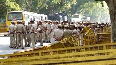 File image: Police personnel stand guard outside Union Education minister Dharmendra Pradhan's residence (PTI) File image: Police personnel stand guard outside Union Education minister Dharmendra Pradhan's residence (PTI)