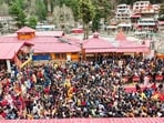 Devotees participate in the opening ceremony of the portals of Gangotri Dham, marking the formal commencement of the Char Dham Yatra 2026