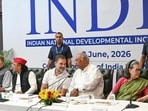 Congress president and Rajya Sabha LoP Mallikarjun Kharge, Congress CPP chairperson Sonia Gandhi, Lok Sabha LoP Rahul Gandhi, Samajwadi Party chief Akhilesh Yadav, TMC chief Mamata Banerjee, Jammu & Kashmir CM Omar Abdullah and others during INDIA Bloc Meeting at Constitution Club in New Delhi on Monday (Hindustan Times/Arvind Yadav)