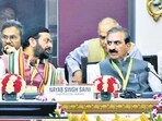 Himachal chief minister Sukhvinder Singh Sukhu interacting with his Haryana counterpart Nayab Singh Saini during the meeting in New Delhi on Thursday. (HT Photo)