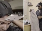 A homemaker working with a camera strapped to her forehead. 