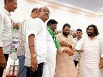 JMM central general secretary and spokesperson Vinod Kumar Pandey, central secretary Pankaj Mishra, Rajmahal MP Vijay Hansdak, and Littipara MLA Hemlal Murmu inaugurate the event on Friday. (HT PHOTO)