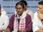 New Delhi: Congress leader Meenakshi Natarajan, centre, speaks as party leader Jitu Patwari, right, looks on during a party briefing at AICC office, in New Delhi, Friday, June 12, 2026. (PTI Photo/Salman Ali) (PTI06_12_2026_000096A)