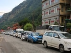 Tourist vehicles cause long traffic jam in Manali on Friday. (Aqil Khan/HT) Tourist vehicles cause long traffic jam in Manali on Friday. (Aqil Khan/HT)