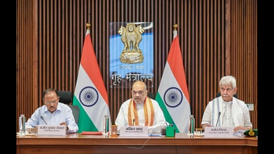 Union home minister Amit Shah chairs a meeting to review the preparations and security for the Amarnath Yatra, in New Delhi. Jammu and Kashmir LG Manoj Sinha and National Security Advisor Ajit Doval are also present. (PTI)