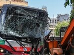 A 26-year-old delivery rider was killed and six other people were injured after an electric BEST bus rammed into five vehicles near Plaza Cinema in Dadar on June 8, before crashing into a crane at a bridge construction site (Raju Shinde/HT Photo)