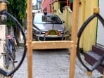 A vehicle of the Enforcement Directorate (ED) is parked outside the residence of TMC MLA Madan Mitra during a raid as part of a money laundering investigation into municipality recruitment 
