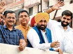 AAP supremo Arvind Kejriwal, AAP leader Manish Sisodia, Punjab CM Bhagwant Mann, AAP Punjab president Aman Arora and newly elected city mayor Padamjit Singh Mehta participating in a roadshow in Bathinda on Friday. (Sanjeev Kumar/HT)