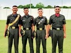 From left: Anurag Chauhan, Abhay Singh Raghav, Aniket Kahol and Paramjot Singh during the Passing Out Parade at the IMA in Dehradun on Saturday. (HT)
