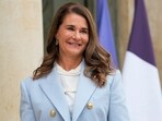 Melinda Gates poses for photographers as she arrives for a meeting after a meeting on the sideline of the gender equality conference at the Elysee Palace in Paris, July 1, 2021. 