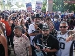 San Antonio Spurs fans arrive prior to Game 5 of the NBA Finals basketball series against the New York Knicks, Saturday, June 13, 2026, in San Antonio. (AP Photo/Ross D. Franklin)
