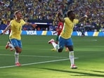 Brazil vs Morocco Live, FIFA World Cup: Brazil's Vinicius Junior celebrates scoring their first goal with Bruno Guimaraes 
