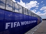 A high security barrier fence surrounds MetLife Stadium, temporarily renamed New York New Jersey Stadium, which will host 8 FIFA World Cup 2026 matches, including the World Cup Final.