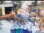 The shop, located on the main road in Kasna village, stored multiple chemical drums that fuelled the fire. (HT)