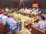 Union home minister Amit Shah, along with BJP national president Nitin Nabin, chairing a meeting with Punjab BJP leaders at party’s central office in New Delhi on Friday. (@BJP4India) Union home minister Amit Shah, along with BJP national president Nitin Nabin, chairing a meeting with Punjab BJP leaders at party’s central office in New Delhi on Friday. (@BJP4India)