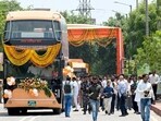 Uttar Pradesh chief minister Yogi Adityanath virtually flagged off a new city bus service connecting Noida, Greater Noida and Yeida areas. (Sunil Ghosh /HT PHOTO)