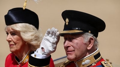 Britain's King Charles and Queen Camilla during the Trooping the Colour parade held to honour him, as part of the official birthday celebrations, in London, Britain, June 13, 2026. REUTERS/Toby Melville (REUTERS)