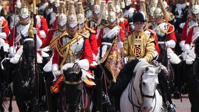 Members of the Household Cavalry ride back from Trooping The Colour, the King's annual birthday parade, in London, Saturday, June 13, 2026. (AP Photo/Kirsty Wigglesworth) (AP Photo/Kirsty Wigglesworth)