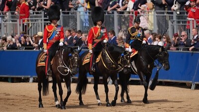 From left, Britain's Prince William, the Prince of Wales,  Prince Edward, the Duke of Edinburgh and Princess Anne, ride, during Trooping The Colour, the King's annual birthday parade, in London, Saturday, June 13, 2026.  (Yui Mok/PA via AP) (Yui Mok/PA via AP)