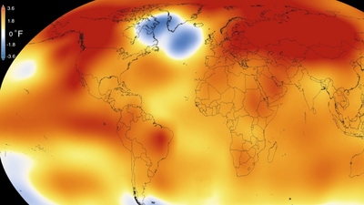 The cold blob south of Greenland, visible on this temperature map. The visualisation shows temperature changes from 1880 to 2015 as a rolling five-year average. Orange represents areas warmer than the 1951-80 baseline, and blue, areas cooler than the baseline. (Courtesy: Nasa) The cold blob south of Greenland, visible on this temperature map. The visualisation shows temperature changes from 1880 to 2015 as a rolling five-year average. Orange represents areas warmer than the 1951-80 baseline, and blue, areas cooler than the baseline. (Courtesy: Nasa)