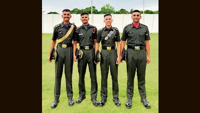 From left: Anurag Chauhan, Abhay Singh Raghav, Aniket Kahol and Paramjot Singh during the Passing Out Parade at the IMA in Dehradun on Saturday. (HT) From left: Anurag Chauhan, Abhay Singh Raghav, Aniket Kahol and Paramjot Singh during the Passing Out Parade at the IMA in Dehradun on Saturday. (HT)