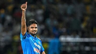 India's Gurnoor Brar celebrates after taking the wicket of Afghanistan's Ziaur Rahman during the first one-day international (ODI) cricket match between India and Afghanistan at the Himachal Pradesh Cricket Association Stadium in Dharamsala on June 13, 2026. (AFP)