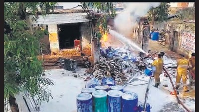 The shop, located on the main road in Kasna village, stored multiple chemical drums that fuelled the fire. (HT) The shop, located on the main road in Kasna village, stored multiple chemical drums that fuelled the fire. (HT)