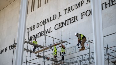 Workers erecting scaffolding at the Kennedy Center on Friday.
