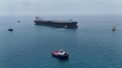 An oil tanker sitting in the Persian Gulf offshore Iraq in April.