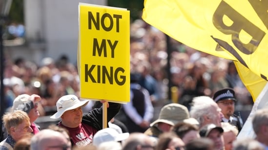 Republican 'Not My King' protesters demonstrate during Trooping The Colour, the King's annual birthday parade, in London, Saturday, June 13, 2026. (AP Photo/Kirsty Wigglesworth)(AP Photo/Kirsty Wigglesworth)