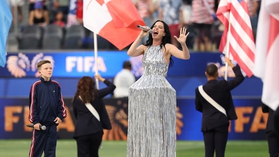 Katy Perry performed during the opening ceremony. Her performance was pushed back to right before kickoff and just minutes before the start of the contest, she came to the middle to perform.&nbsp;(REUTERS)