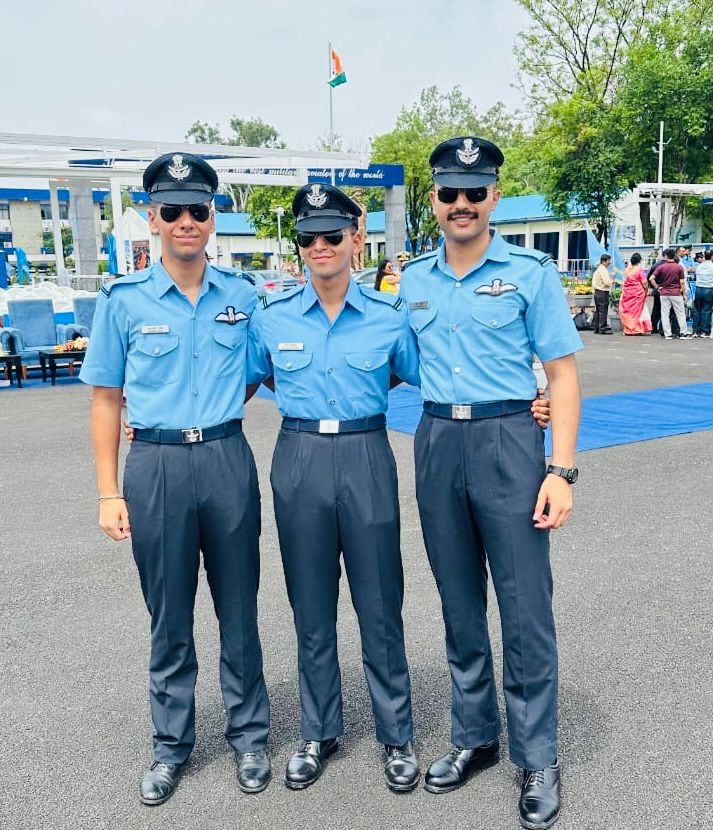 From left: Udaibir Singh, Karan Kaushish and Vasu Mehta during the 217th Course Combined Graduation Parade at the Air Force Academy, Dundigal, Hyderabad. (HT) From left: Udaibir Singh, Karan Kaushish and Vasu Mehta during the 217th Course Combined Graduation Parade at the Air Force Academy, Dundigal, Hyderabad. (HT)