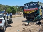 A car collides with a truck along the Jammu-Srinagar national highway, in Jammu, on Sunday. Three people were killed and two others were injured. (PTI)