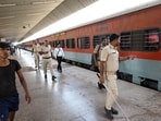 Police personnel deployed at Patliputra Railway Station following a reported incident of stone-pelting and vandalism.