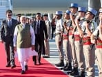 Prime Minister Narendra Modi being accorded a Guard of Honour as he is received by France's Minister of Higher Education, Research and Space Philippe Baptiste upon his arrival at the Nice Cote d'Azur Airport, in Nice, France. 
