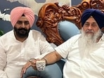Shiromani Akali Dal (SAD) president Sukhbir Singh Badal with rebel Aam Aadmi Party (AAP) MLA from Sanaur, Harmeet Singh Pathanmajra, at Pathanmajra village in Patiala district on Sunday.