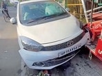 The damaged car after the accident in Ludhiana on Sunday. (HT Photo)