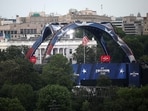 The Claw and stadium seating risers for the UFC Freedom 250 fight on the South Lawn of the White House, in Washington, D.C., U.S., June 14, 2026.      Kevin Dietsch/Pool via REUTERS