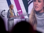 CEO of Turning Point USA Erika Kirk speaks during the Turning Point Women's Leadership Summit in San Antonio, Texas on June 5.