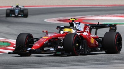 Ferrari's British driver Lewis Hamilton drives ahead of Mercedes' Italian driver Kimi Antonelli during the Catalonia Formula One Grand Prix at the Circuit de Catalunya (AFP)