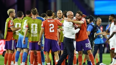 Soccer Football - FIFA World Cup 2026 - Group C - Haiti v Scotland - Boston Stadium, Foxborough, Massachusetts, U.S. - June 13, 2026 Scotland manager Steve Clarke celebrates with Nathan Patterson after the match REUTERS/Peter Cziborra (REUTERS)