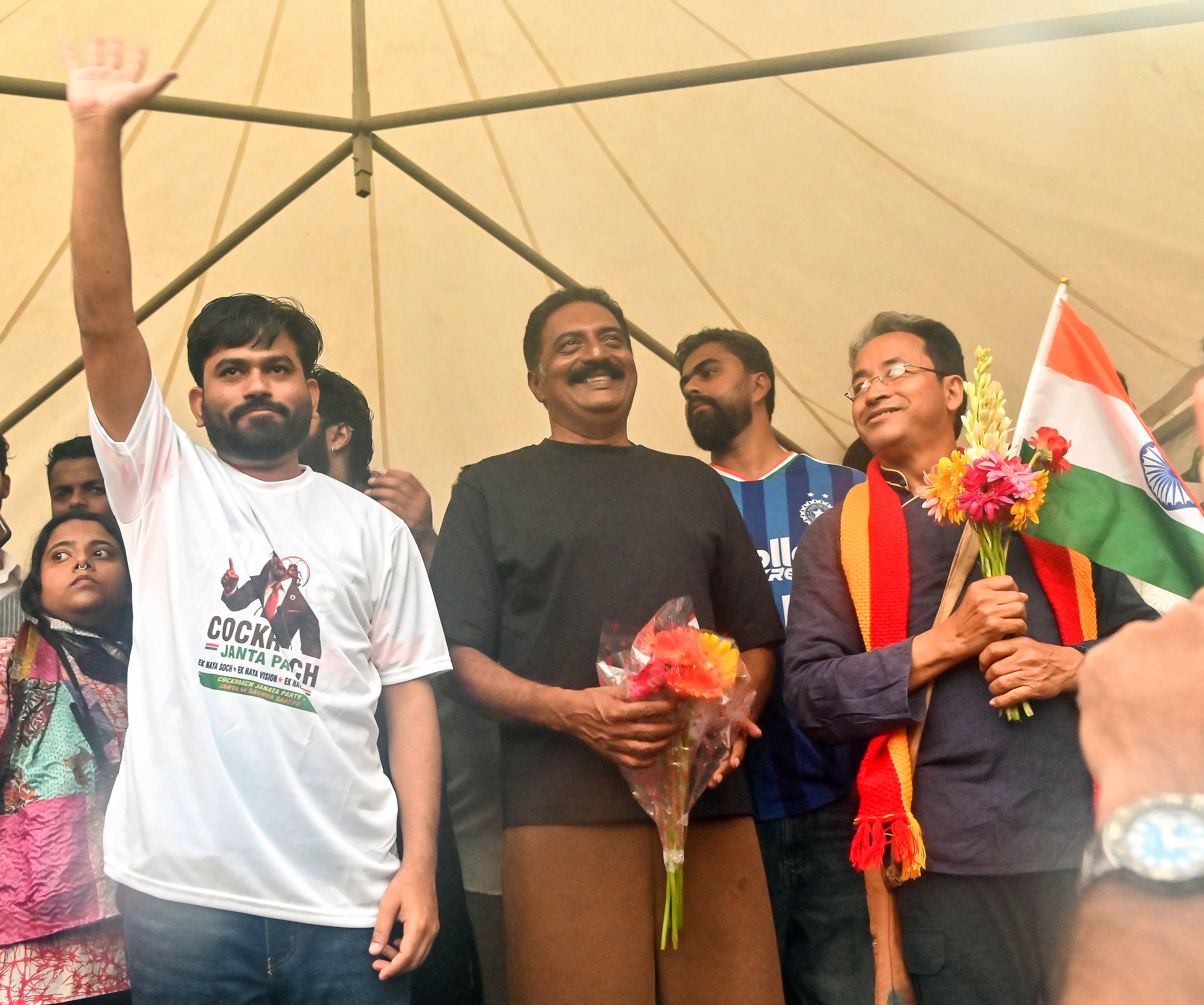 Founder of Cockroach Janata Party (CJP) Abhijeet Dipke, actor Prakash Raj, and environmentalist Sonam Wangchuk. (ANI)