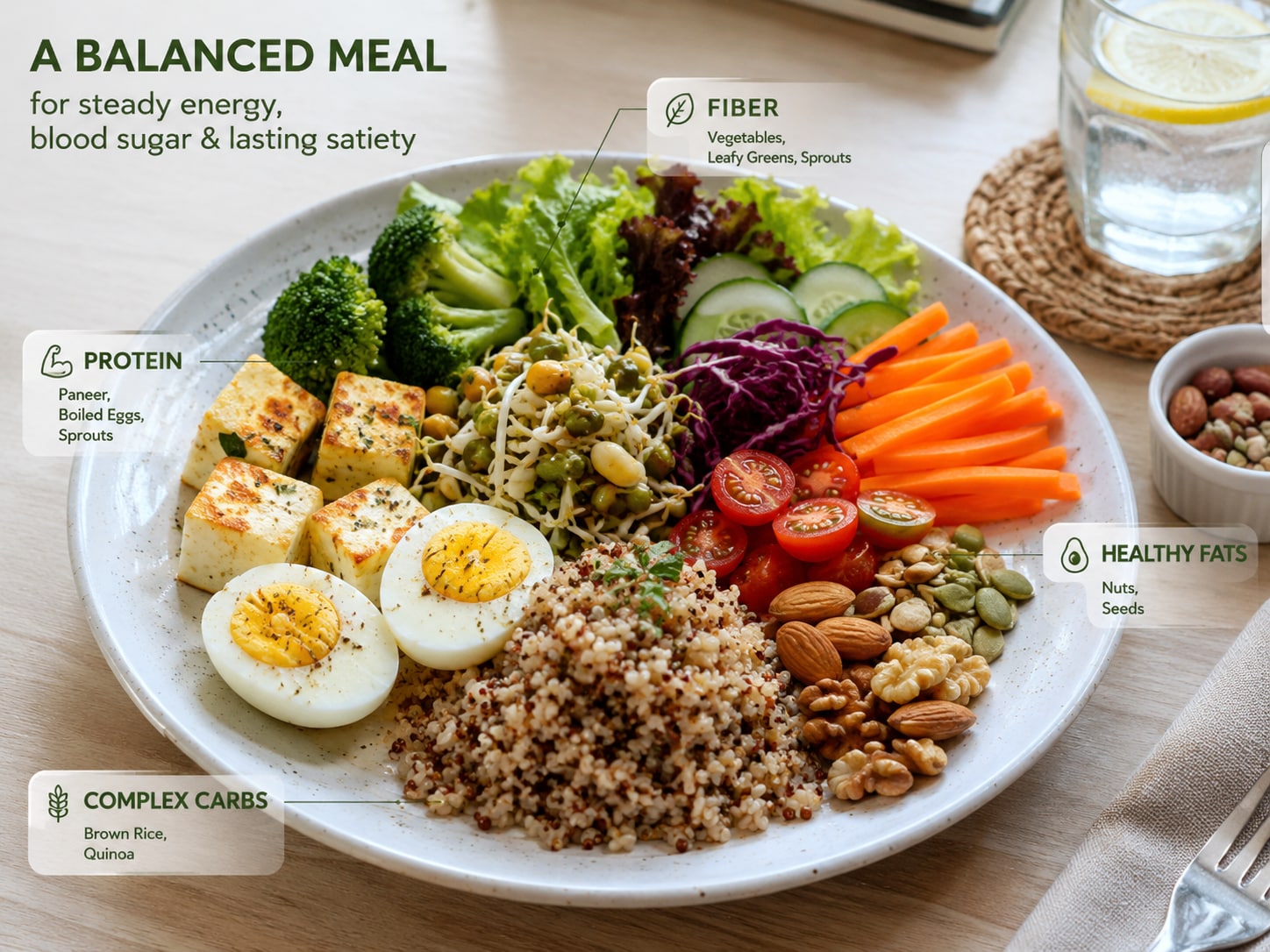 Eat a balanced meal, instead of carb-heavy meals. (Picture credit: AI generated)