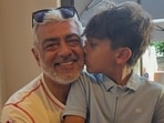 Ajith Kumar with his children Aadvik and Anoushka. 