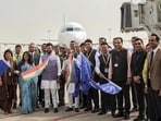 Civil aviation minister Kinjarapu Ram Mohan Naidu flagging off the first flight. (PTI)