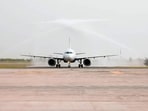 Gram it: IndiGo flight 6E-2278 receives a water canal salute as commercial flight operations were kicked off at Noida International Airport, in Jewar, on Monday. 