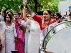 Kinnar Akhada Acharya Mahamandaleshwar Laxmi Narayan Tripathi and supporters of the LGBTQIA+ community during a protest. (PTI file photo)