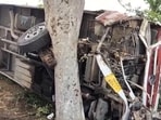 The private bus carrying 52 passengers that overturned near Bhodi village in Haryana’s Fatehabad district on Monday morning. (HT Photo)