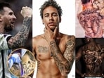 In the current FIFA line-up (L-R) Lionel Messi, Neymar Jr, Memphis Depay, Vincent Jr, Lucas Hernández and Nicolás Otamendi (inset) have stylish tattoos