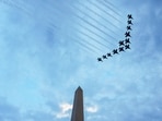 A journalist traveling through Ronald Reagan Airport claimed flights were temporarily halted because of military aircraft at the UFC Freedom 250. Photographer: Aaron Schwartz/Bloomberg
